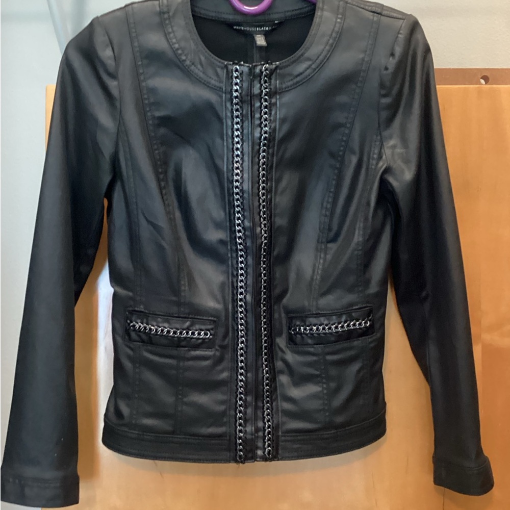 Black Jean Jacket Leather Like Chains & Pockets White House Black Market Size 00